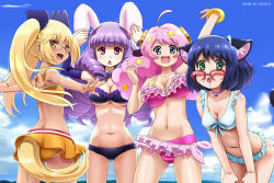 Rule 34 | 4girls, :&lt;, :d, :o, ahoge, animal ears, arm up, ass, awa, bell, bikini, bikini skirt, black bikini, blonde hair, blue eyes, blue hair, blunt bangs, blush, bow, bow bikini, bracelet, breasts, cat ears, cat tail, choker, chuchu (show by rock!!), cleavage, clenched hand, cloud, cloudy sky, collarbone, commentary, commentary request, copyright name, cowboy shot, cyan (show by rock!!), day, detached collar, detached sleeves, dog tail, drill hair, artistic error, fang, frilled bikini, frills, from behind, glasses, green eyes, hair ornament, hair ribbon, hand on own ear, hands on own thighs, hands on thighs, headgear, jewelry, large breasts, leaning forward, long hair, looking at viewer, looking back, looking over eyewear, medium breasts, midriff, moa (show by rock!!), multiple girls, navel, neck bell, o-ring, o-ring bikini, open mouth, outdoors, outstretched arms, over-rim eyewear, pink-framed eyewear, pink hair, purple eyes, purple hair, rabbit ears, retoree (show by rock!!), ribbon, semi-rimless eyewear, sheep ears, short hair, show by rock!!, skirt, sky, smile, spread arms, standing, star (symbol), star hair ornament, swimsuit, tail, tail ornament, tail ribbon, touching ears, twintails, underboob, yellow bikini, yellow eyes, yellow skirt