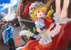 Rule 34 | 1girl, ascot, bird, blonde hair, blue sky, city, cityscape, cowboy shot, crystal wings, dress, fang, flandre scarlet, hat, mob cap, open mouth, outdoors, psyren2, red dress, red eyes, red ribbon, ribbon, side ponytail, sky, solo, touhou, yellow ascot