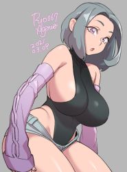 1girl, 2021, agawa ryou, bare shoulders, breasts, commentary, dated, detached sleeves, english commentary, grey background, large breasts, long hair, looking at viewer, original, parted lips, purple eyes, short shorts, shorts, sideboob, silver hair, simple background, sleeves past wrists, solo, thick thighs, thighs