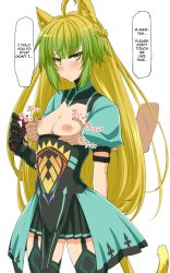 Rule 34 | ahoge, animal ears, atalanta (fate), blonde hair, blush, breasts, breasts out, cat ears, cat tail, demekyon, fate/apocrypha, fate (series), grabbing, grabbing another&#039;s breast, grabbing from behind, green eyes, green hair, heart, highres, multicolored hair, nipple stimulation, nipple tweak, nipples, small breasts, tail, thighs, white background