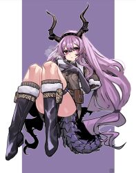 Rule 34 | 1girl, arknights, black gloves, boots, cup, dragon girl, dragon horns, dragon tail, elbow gloves, fur-trimmed boots, fur trim, gloves, holding, holding cup, horns, long hair, looking at viewer, purple hair, shima (wideshi ma), solo, tail, thigh strap, thighs, typhon (arknights), typhon (northern pathfinder) (arknights)