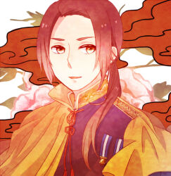 1boy axis_powers_hetalia brown_eyes brown_hair cape china_(hetalia) cloud_background commentary_request floral_background flower jacket kisano0 long_hair looking_afar male_focus mandarin_collar military_jacket neck_ribbon open_mouth pink_flower ponytail purple_jacket red_ribbon ribbon smile solo tassel upper_body yellow_cape