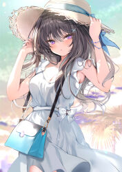 Rule 34 | 1girl, arm up, bag, black hair, breasts, brown hat, cleavage, comiket 102, commentary request, dress, hair between eyes, hair ornament, hairclip, hand on headwear, hat, long hair, looking at viewer, medium breasts, original, palm tree, parted lips, pon (ponidrop), purple eyes, shoulder bag, sleeveless, sleeveless dress, solo, straw hat, tree, very long hair, white dress, x hair ornament