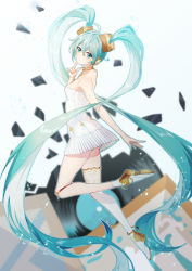 Rule 34 | 1girl, absurdly long hair, ahoge, aqua eyes, aqua hair, ass, bare arms, bare shoulders, blurry, blurry background, breasts, dress, finger to face, full body, hair ornament, hatsune miku, headphones, highres, jewelry, long hair, looking at viewer, looking to the side, miku symphony (vocaloid), necklace, plantar flexion, record, shards, shoe soles, shoes, short dress, single thighhigh, solo, strapless, strapless dress, thighhighs, twintails, very long hair, vocaloid, white dress, white footwear, white thighhighs, yaner 10
