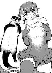 Rule 34 | 10s, 1girl, animal, animal ears, elbow gloves, fingerless gloves, frilled swimsuit, frills, gloves, greyscale, happa (cloverppd), kemono friends, monochrome, name connection, one-piece swimsuit, otter, short hair, small-clawed otter (kemono friends), swimsuit, thighhighs, white background, zettai ryouiki