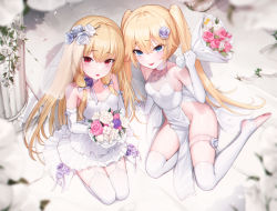 Rule 34 | 2girls, :p, absurdres, ag-2c sirene, blonde hair, blue eyes, blurry, blush, bouquet, breasts, bridal veil, bride, chromatic aberration, depth of field, dress, elbow gloves, flower, full body, garter straps, gloves, hair between eyes, hair flower, hair ornament, halter dress, halterneck, highres, jewelry, kneeling, last origin, looking at viewer, looking up, multiple girls, open mouth, pelvic curtain, red eyes, ring, small breasts, spats (footwear), strapless, strapless dress, thetis (last origin), thighhighs, tongue, tongue out, twintails, veil, wedding, wedding band, wedding dress, white dress, white gloves, white legwear, yjs0803123