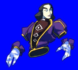 Rule 34 | 1boy, amazugali, black hair, blue background, blue pupils, closed eyes, closed mouth, coat, disembodied limb, ena (series), expressionless, eyeball, male focus, non-web source, purple coat, sky, solo, thick eyebrows, ulysses (ena)
