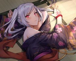 Rule 34 | 1girl, 2021, aura, bare shoulders, blush, corruption, dark aura, dark persona, fire emblem, fire emblem awakening, fire emblem heroes, floor, frown, grima (fire emblem), intelligent systems, japanese clothes, kamu (kamuuei), kimono, long hair, looking at viewer, lying, nintendo, on floor, possessed, possession, red eyes, robin (female) (fire emblem), robin (fire emblem), solo, twintails, white hair