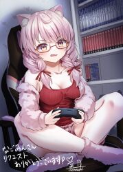 Rule 34 | 1girl, ahoge, animal ear fluff, animal ears, ankle socks, artist name, blush, braid, breasts, cat ears, cat girl, chair, chemise, collarbone, commentary request, commission, controller, full body, game controller, gaming chair, glasses, grey shorts, grey socks, hair ribbon, heart, highres, holding, holding controller, holding game controller, indian style, indie virtual youtuber, indoors, izumiya konomi, long hair, long sleeves, looking ahead, medium breasts, natsuki (gedo), off shoulder, on chair, open mouth, orange-framed eyewear, pink eyes, pink hair, red chemise, red ribbon, ribbon, second-party source, semi-rimless eyewear, shelf, shorts, signature, sitting, skeb commission, socks, solo, swivel chair, thank you, twin braids, twintails, under-rim eyewear, virtual youtuber, wavy mouth