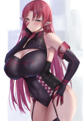 Rule 34 | 1girl, azur lane, bare shoulders, black garter straps, black gloves, black leotard, blue eyes, blush, breasts, cleavage, commentary request, covered navel, duke of york (azur lane), duke of york (prestige of the glorious formula) (azur lane), elbow gloves, garter straps, gloves, highres, large breasts, leotard, long hair, looking at viewer, pointy ears, red hair, satou aji, smile, solo, thighs, white background