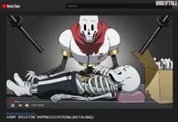Rule 34 | 2boys, asmr, black shorts, bone, box, brothers, cape, cardboard box, cel shading, closed eyes, copyright name, cushion, fake screenshot, film grain, from side, grin, highres, kamezaemon, lying, male focus, microphone, multiple boys, on back, papyrus (undertale), pause button, red cape, ribs, sans, search bar, shorts, siblings, skeleton, smile, socks, solid oval eyes, undertale, user interface, white socks, youtube