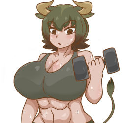 Rule 34 | 1girl, abs, alternate costume, animal ears, aurochs (kemono friends), blush, breasts, brown eyes, brown hair, cleavage, collarbone, cow ears, cow girl, cow horns, cow tail, dark-skinned female, dark skin, exercising, female focus, green eyes, green hair, green sports bra, holding, horns, huge breasts, kemono friends, midriff, multicolored hair, muscular, muscular female, navel, open mouth, sangchussam, short hair, solo, sports bra, sportswear, sweat, tail, upper body, weightlifting, weights, white background