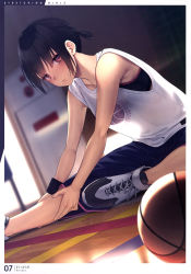 Rule 34 | 1girl, absurdres, armpit crease, artbook, artist name, ball, basketball, basketball (object), basketball court, basketball uniform, blue hair, copyright name, dutch angle, from side, hands on own leg, highres, indoors, leaning forward, looking at viewer, original, red eyes, rerrere, scan, shoes, short hair, sidelocks, sitting, solo, sports bra, sportswear, stretching