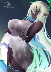 Rule 34 | 1girl, bare shoulders, black skin, blue eyes, blue hair, blush, breasts, choker, clothes lift, colored inner hair, colored skin, covered erect nipples, dark-skinned female, dark elf, dark skin, dated, dress, dress lift, dutch angle, elf, female pubic hair, green eyes, halo, highres, large breasts, lifted by self, long hair, looking at viewer, multicolored eyes, multicolored hair, night, night sky, no bra, no panties, ocean, original, outdoors, pointy ears, pubic hair, reku hisui, see-through, signature, sky, sleeveless, sleeveless dress, slit pupils, solo, spaghetti strap, star (sky), starry sky, sundress, very long hair, wading, water, white dress, white hair