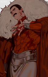 Rule 34 | 1boy, absurdres, black hair, blood, blood on clothes, blood on face, blood on hands, bodysuit, cape, covered abs, crystallakec, facial hair, fur-trimmed cape, fur trim, highres, invincible (series), large pectorals, looking at viewer, male focus, muscular, muscular male, mustache, nolan grayson, omni-man, pectorals, red bodysuit, red cape, short hair, solo, thick mustache, two-tone bodysuit, white bodysuit