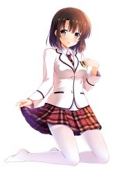 Rule 34 | 1girl, blazer, brown eyes, brown hair, highres, jacket, katou megumi, kneeling, lifting own clothes, looking at viewer, necktie, no shoes, pantyhose, plaid, plaid necktie, plaid neckwear, plaid skirt, saenai heroine no sodatekata, school uniform, short hair, simple background, skirt, skirt hold, smile, solo, thighband pantyhose, white pantyhose, yagami-all hail nanao