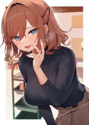 Rule 34 | 1girl, absurdres, bent over, black sweater, blue eyes, blurry, blurry background, breasts, brown hair, hair between eyes, hair intakes, hair ornament, hairclip, hand up, highres, itohana, large breasts, light blush, long sleeves, looking at viewer, medium hair, open mouth, original, outside border, ribbed sweater, skirt, smile, solo, sweater, sweater tucked in, swept bangs, upper body