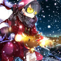 Rule 34 | 1girl, bad id, bad pixiv id, bell, black hair, christmas, city, coat, collar, floating, flying, gift bag, gloves, goggles, grin, helmet, highres, jacket, long sleeves, moped, motor vehicle, neck bell, night, original, outdoors, plaid, plaid scarf, pun2, red jacket, reindeer, scarf, smile, snowing, solo