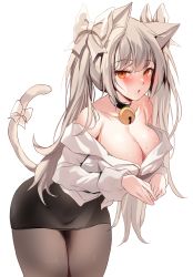 Rule 34 | 1girl, absurdres, animal ears, armpit crease, bell, black choker, black skirt, bow, breasts, brown pantyhose, cat ears, cat girl, cat tail, choker, cleavage, collarbone, cowboy shot, grey hair, hair bow, highres, jingle bell, large breasts, leaning forward, long hair, long sleeves, looking at viewer, miniskirt, no bra, off shoulder, orange eyes, original, pantyhose, parted lips, pencil skirt, shirt, simple background, skirt, solo, standing, sweat, tail, tail bow, tail ornament, tail raised, twintails, white background, white shirt, zerocat