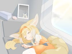 Rule 34 | 1girl, animal ear fluff, animal ears, arknights, blonde hair, blue ribbon, closed mouth, commentary request, dress, feigning sleep, fie in b86, fox ears, fox girl, fox tail, hairband, kitsune, kyuubi, long hair, lying, mirror, multicolored hair, multiple tails, neck ribbon, official alternate costume, on side, orange dress, orange hairband, parted lips, pinafore dress, prehensile tail, puffy short sleeves, puffy sleeves, reflection, ribbon, selfie, shirt, short sleeves, sleeveless, sleeveless dress, solo, suzuran (arknights), suzuran (let&#039;s carnival!) (arknights), tail, thighhighs, two-tone hair, white hair, white shirt, white thighhighs