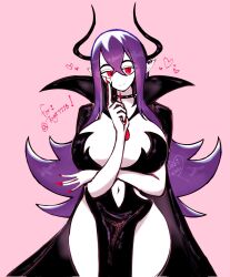 Rule 34 | 1girl, arms under breasts, breasts, cape, cleavage, cloak, cocktail dress, collar, demon horns, dress, ear piercing, high collar, highres, horns, huge breasts, inner sideboob, jewelry, long hair, looking at viewer, mariuwu 2nd, navel, pale skin, pendant, piercing, pointy ears, purple hair, red eyes, satana (togetoge), smile, spiked collar, spikes, thick thighs, thighs, wide hips