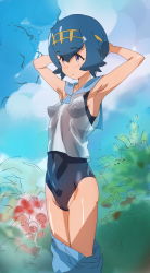 Rule 34 | 1girl, armpits, arms behind head, arms up, bad id, bad pixiv id, blue eyes, blue hair, blue one-piece swimsuit, blue pants, blue sailor collar, blush, breasts, bush, cameltoe, clothes pull, covered navel, creatures (company), day, female focus, game freak, hairband, headband, highres, jpeg artifacts, lana (pokemon), looking at viewer, matching hair/eyes, nintendo, one-piece swimsuit, ontaros, outdoors, pants, pants pull, pokemon, pokemon sm, sailor collar, see-through, shiny skin, shirt, short hair, sleeveless, sleeveless shirt, small breasts, smile, solo, standing, swimsuit, swimsuit under clothes, wet, wet clothes, white shirt, yellow hairband