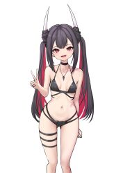 Rule 34 | 1girl, azur lane, bare shoulders, bikini, black bikini, black choker, black hair, breasts, choker, colored inner hair, commentary request, defaultkavy, fang, gluteal fold, hand up, hatsuzuki (august&#039;s first romance) (azur lane), hatsuzuki (azur lane), highres, horns, long hair, looking at viewer, multicolored hair, navel, official alternate costume, open mouth, red eyes, red hair, simple background, skin fang, small breasts, smile, solo, stomach, swimsuit, thigh strap, twintails, v, white background