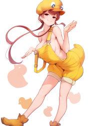 Rule 34 | 1girl, absurdres, ataruman, bare legs, bare shoulders, breasts, brown hair, chromatic aberration, cleavage, commentary, full body, hat, highres, large breasts, long hair, looking at viewer, naked overalls, overall shorts, overalls, red eyes, sideboob, solo, strap slip, thighhighs, yellow hat, yellow overalls, yuugiri (zombie land saga), zombie land saga