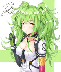 Rule 34 | 1girl, ahoge, arm up, asymmetrical gloves, black gloves, blush, breasts, choker, cleavage, closed mouth, collarbone, dated, elbow gloves, girls&#039; frontline, gloves, green hair, hair between eyes, hand in own hair, jewelry, long hair, looking at viewer, m950a (girls&#039; frontline), medium breasts, messy hair, necklace, necktie, playing with hair, sidelocks, signature, simple background, solo, twintails, twitter username, two side up, unel1211, uneven gloves, yellow eyes
