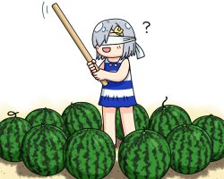 Rule 34 | 1girl, ?, alternate costume, blindfold, dress, food, fruit, full body, grey hair, hair ornament, hairclip, hama! (3toshinhmkz), hamakaze (kancolle), kantai collection, short hair, simple background, smile, solo, standing, stick, striped clothes, striped dress, suikawari, watermelon, white background