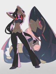 1girl black_hair breasts creatures_(company) crop_top daniel_deng game_freak gen_3_pokemon highres long_hair looking_at_viewer lucy_(pokemon) midriff multicolored_hair navel nintendo pants pokemon pokemon_(creature) pokemon_rse purple_hair red_eyes red_hair seviper shirt sleeveless two-tone_hair very_long_hair