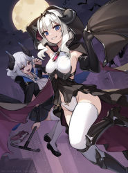 Rule 34 | 2girls, armored boots, arms up, ascot, asicah, bat (animal), black dress, black footwear, blue eyes, boots, breasts, brooch, building, claw pose, cloak, cloud, commentary, dated, dress, elbow gloves, english text, fang, flying, gloves, grey hair, grin, hairband, half gloves, hand up, high heel boots, high heels, hood, hood down, hood up, hooded cloak, horns, intravenous drip, iv stand, jewelry, long hair, looking at viewer, multiple girls, navel, night, open mouth, original, shoes, skyscraper, small breasts, smile, symbol-only commentary, thighhighs, white legwear