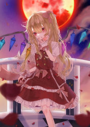 Rule 34 | 1girl, adapted costume, alternate hair length, alternate hairstyle, back bow, balcony, blonde hair, blurry, blurry foreground, bow, checkered floor, closed mouth, feet out of frame, flandre scarlet, frilled shirt collar, frilled skirt, frills, goji aoi can, hair between eyes, hand to own mouth, head tilt, highres, light smile, long hair, looking at viewer, moon, multicolored wings, night, night sky, no headwear, outdoors, petals, pink bow, puffy short sleeves, puffy sleeves, purple sky, railing, red eyes, red moon, red skirt, red vest, rose petals, shirt, short sleeves, skirt, sky, touhou, very long hair, vest, white shirt, wings, wrist cuffs
