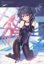 Rule 34 | 1girl, ahoge, asymmetrical wings, bare shoulders, black gloves, black hair, black one-piece swimsuit, black pantyhose, blue wings, blush, bow, bowtie, brand name imitation, breasts, collarbone, commentary request, competition school swimsuit, competition swimsuit, covered erect nipples, elbow gloves, glass, gloves, gluteal fold, hair between eyes, hand up, highres, holding, holding weapon, houjuu nue, kneeling, looking at viewer, nose blush, one-piece swimsuit, orita enpitsu, pantyhose, pantyhose under swimsuit, pointy ears, polearm, pool, pool ladder, red bow, red bowtie, red eyes, red wings, rei no pool, school swimsuit, short hair, signature, skindentation, small breasts, smile, snake, solo, speedo (company), sweat, swimsuit, thighs, touhou, translation request, trident, weapon, wet, white background, window, wings
