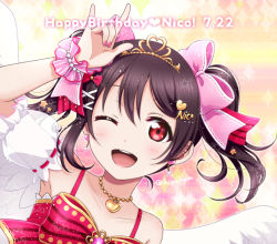 Rule 34 | 1girl, angel wings, arm up, bare shoulders, black hair, blush, bow, character name, collarbone, dated, dress, earrings, english text, feathered wings, glint, hair bow, hair ornament, hairclip, happy birthday, heart, heart earrings, heart hair ornament, hirako, jewelry, looking at viewer, love live!, love live! school idol festival all stars, love live! school idol project, official alternate costume, one eye closed, open mouth, red bow, red eyes, round teeth, sleeveless, sleeveless dress, solo, star (symbol), star hair ornament, teeth, tiara, twintails, upper body, upper teeth only, wings, x hair ornament, yazawa nico