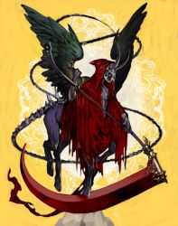 Rule 34 | black wings, centaur, cloak, creepy, death (entity), holding, holding weapon, hood, hooded cloak, horns, horror (theme), no humans, oollnoxlloo, original, scythe, signature, skull, solo, tail, taur, torn cloak, torn clothes, weapon, wings, yellow background