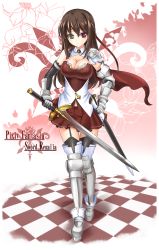 Rule 34 | 1girl, armor, breasts, brown eyes, brown hair, cleavage, full body, garter straps, gauntlets, greaves, heterochromia, holding, holding sword, holding weapon, miyuki rei, pixiv fantasia, pixiv fantasia sword regalia, red eyes, scabbard, sheath, solo, standing, sword, thighhighs, weapon