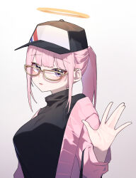 Rule 34 | 1girl, absurdres, bag, baseball cap, beudelb, commission, glasses, halo, handbag, hat, highres, long hair, long sleeves, looking at viewer, open mouth, original, pink hair, pixiv commission, ponytail, purple eyes, sidelocks, simple background, solo, turtleneck, upper body, white background, yellow-framed eyewear