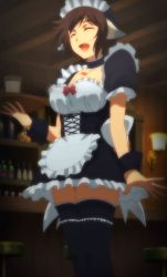 Rule 34 | 1girl, apron, bar (place), black thighhighs, breasts, brown hair, choker, closed eyes, frills, highres, large breasts, lynn mei, maid, maid headdress, open mouth, plunderer, skirt, stitched, tagme, thighhighs, third-party edit, tray, wrist cuffs, zettai ryouiki