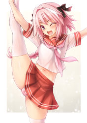 Rule 34 | 1boy, ;d, arms up, astolfo (fate), astolfo (sailor paladin) (fate), black bow, blush, bow, braid, bulge, fang, fate/apocrypha, fate (series), flexible, gradient hair, grey background, hair bow, hair intakes, highres, leg up, long hair, looking at viewer, male focus, multicolored hair, navel, neckerchief, official alternate costume, one eye closed, open mouth, panties, pantyshot, pink hair, pink neckerchief, pleated skirt, purple eyes, red skirt, school uniform, serafuku, shimashima salmon, shiny skin, shirt, single braid, skirt, smile, solo, split, standing, standing on one leg, standing split, streaked hair, striped clothes, striped panties, thighhighs, thighs, trap, underwear, upskirt, very long hair, white hair, white shirt, white thighhighs