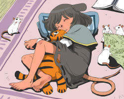 Rule 34 | 1girl, animal, animal ears, animal hug, barefoot, blanket, book, capelet, child, dress, feet, female focus, floral print, grey dress, grey hair, hugging object, lying, mouse (animal), mouse ears, mouse tail, nazrin, on side, onikobe rin, pillow, short hair, sleeping, soles, solo, stuffed animal, stuffed tiger, stuffed toy, tail, toes, touhou