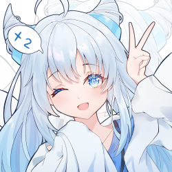 Rule 34 | 1girl, ahoge, arm up, blue eyes, blue hair, blue theme, collarbone, fang, hair horns, hand up, highres, long hair, long sleeves, looking at viewer, nalukikiki, one eye closed, open mouth, original, skin fang, solo, speech bubble, v, white theme