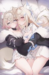 Rule 34 | 2girls, animal ear fluff, animal ears, blonde hair, blue eyes, blue hair, breasts, cleavage, collar, dog ears, dog girl, dog tail, fur-trimmed jacket, fur trim, fuwawa abyssgard, fuwawa abyssgard (1st costume), hair ornament, highres, hololive, hololive english, jacket, koahri, long hair, long sleeves, medium breasts, mococo abyssgard, mococo abyssgard (1st costume), multicolored hair, multiple girls, pink eyes, pink hair, siblings, sisters, streaked hair, tail, twins, virtual youtuber