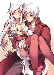 Rule 34 | 1boy, 1girl, amaterasu (ookami), animal ears, blue eyes, breasts, capcom, carrying, company connection, crossover, dante (devil may cry), devil may cry (series), ge-b, japanese clothes, long hair, one eye closed, ookami (game), personification, princess carry, red eyes, short hair, tail, tattoo, thighhighs, white hair, wolf ears, wolf tail