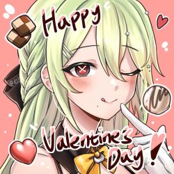 Rule 34 | 1girl, blush, bow, checkerboard cookie, commentary request, cookie, de lacey (neural cloud), de lacey (pollen pulse) (neural cloud), english text, finger to mouth, food, girls&#039; frontline, girls&#039; frontline neural cloud, gloves, green eyes, hair between eyes, hair ornament, hairclip, happy valentine, heart, korean commentary, licking lips, long hair, looking at viewer, mole, mole under mouth, official alternate costume, one eye closed, pink background, red eyes, smile, solo, suzuran1030, symbol-shaped pupils, tongue, tongue out, upper body, white gloves, yellow bow
