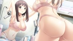 Rule 34 | 1girl, arched back, armpits, arms up, ass, back, bathroom, blush, bra, breasts, brown eyes, brown hair, butt crack, cleavage, cosmetics, from behind, from below, game cg, haru kiss, huge ass, indoors, large breasts, legs, long hair, mikoto akemi, mirror, navel, panties, reflection, shiraishi aoi, solo, standing, thighs, thong, underwear, underwear only