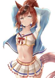 Rule 34 | 1girl, akikawa noya, animal ears, armpits, arms up, blue jacket, brown eyes, brown hair, commentary request, cowboy shot, crop top, highres, horse ears, jacket, long hair, long sleeves, looking at viewer, midriff, miniskirt, navel, nice nature (run&amp;win) (umamusume), nice nature (umamusume), open clothes, open jacket, pleated skirt, ponytail, shirt, simple background, skirt, skirt set, smile, solo, standing, stomach, tail, umamusume, white background, white shirt, white skirt