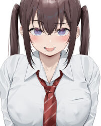 Rule 34 | 1girl, blue eyes, blush, breasts, brown hair, collared shirt, covered erect nipples, large breasts, long hair, long sleeves, looking at viewer, necktie, oekakizuki, open mouth, original, shirt, sidelocks, smile, solo, twintails, white shirt