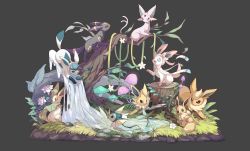 Rule 34 | branch, commentary request, creatures (company), eevee, espeon, evolutionary line, flareon, flower, game freak, gen 1 pokemon, gen 2 pokemon, gen 4 pokemon, gen 6 pokemon, glaceon, grass, grey background, highres, ice, jolteon, lanjiujiu, leafeon, looking down, mushroom, nintendo, no humans, open mouth, pokemon, pokemon (creature), smile, stone, sylveon, umbreon, vaporeon, water, white flower