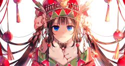 Rule 34 | 1girl, 58 (opal 00 58), absurdres, black hair, blue eyes, closed mouth, commentary, earrings, english commentary, fangs, feathers, fur-trimmed kimono, fur trim, hair ornament, highres, japanese clothes, jewelry, kimono, long hair, looking at viewer, original, red headwear, red kimono, sidelocks, snake, solo, string, string of fate, tassel, twintails, upper body, very long hair, white background